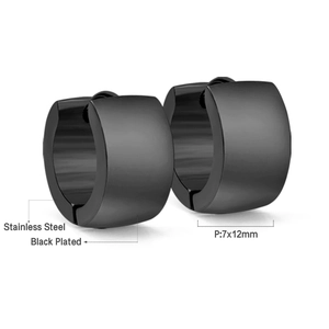 Detail view of matte black stainless steel hoop earring showing 7x12mm dimensions