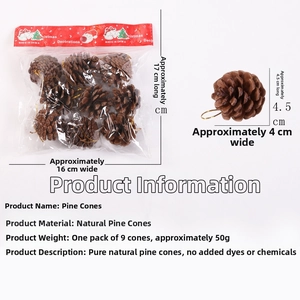 Macro detail of 9 natural pine cones with golden hanging strings for Christmas decor