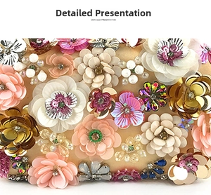 Detailed macro view of handmade 3D floral beads and sequins on an evening clutch bag