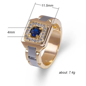 Luxury men's gold plated ring featuring a square blue gemstone and diamond accents
