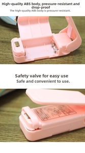Detail of pink portable heat sealer showing battery compartment and ABS plastic finish