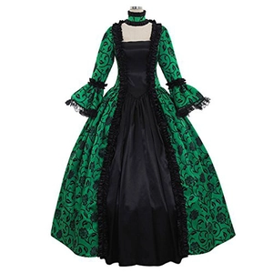 Victorian green and black ball gown with floral texture and lace bell sleeves