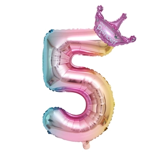 Detail of gradient rainbow number 5 balloon with pink crown and Happy Birthday print