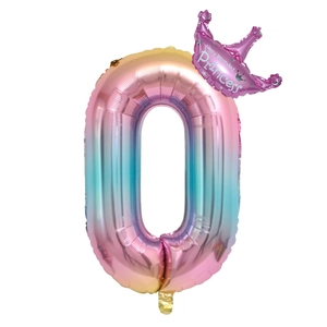 Macro detail of gradient foil number 0 balloon with pink princess crown decoration