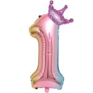 Close-up of rainbow gradient number 1 foil balloon with pink princess crown on top