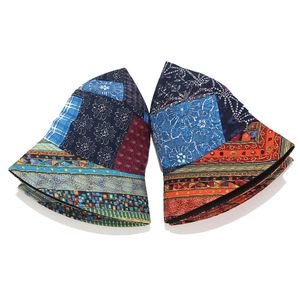 Retro patchwork bucket hat with ethnic bohemian patterns and reversible cotton fabric