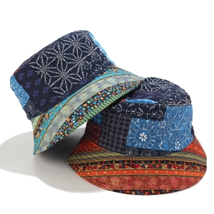 Bucket Hat Reversible Cotton Canvas Patchwork Print Bohemian Ethnic Vintage Sun Protection Unisex Outdoor Streetwear
