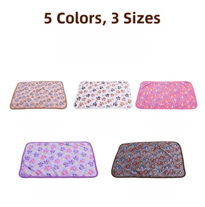 Detail view of five flannel pet blankets with paw prints in camel, beige, pink, purple, and coffee