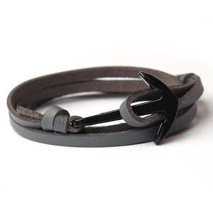 Grey double-wrap genuine leather bracelet with a black anchor buckle on white background