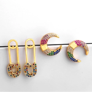 Colorful Cubic Zirconia Stud Earrings Safety Pin Crescent Moon Shape Copper Gold Plated Fashion Jewelry For Women