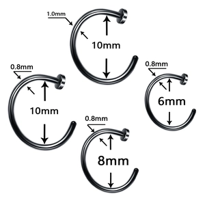 Black stainless steel C-shaped nose rings in 1.0mm and 0.8mm gauge with various diameters