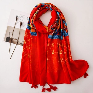 Ethnic style red sun protection shawl with gold star patterns and tassel hem on white base