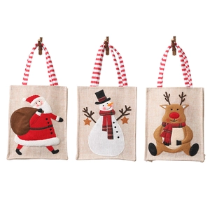 Three Christmas linen gift bags featuring Santa, snowman, and reindeer 3D embroidery