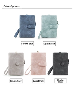 Detail view of five matte leather wallets in blue, green, grey, pink, and black with straps