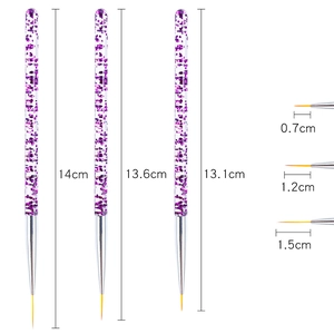 Three nail art liner brushes with purple glitter handles and detailed length specifications