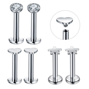 Stainless steel labret studs set with heart, star, and round zircon stones in silver