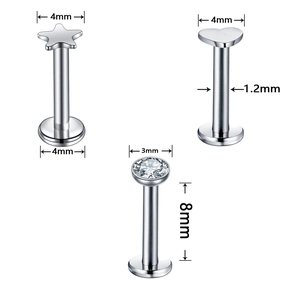 Stainless steel labret set with zircon heart and star studs on white background