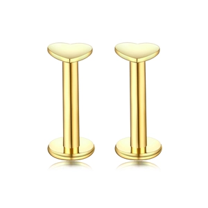 Detailed view of polished golden heart-shaped stud earrings with flat back design