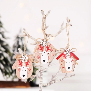 Wooden Christmas pendants with reindeer and snowflake patterns on warm white background