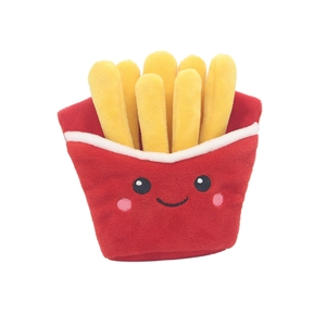Plush french fries squeaky toy for pets with a red box and yellow fries on white background
