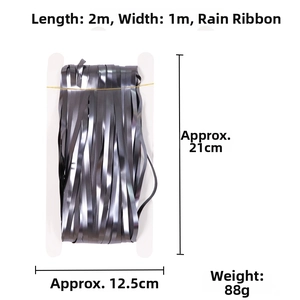 Details zur mattschwarzen Lametta-Vorhang-Verpackung mit Maßen von 2x1m und 88g Gewicht