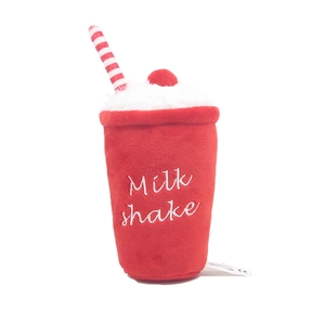 Plush red milkshake cup squeaky dog toy with straw and embroidery on white background