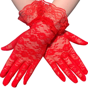 Elegant red floral lace gloves featuring ruffled cuffs for sun protection and driving