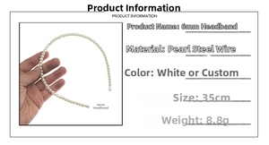 Close-up of 35cm handmade white pearl headband with 6mm beads and steel wire