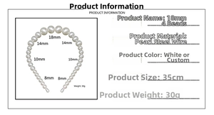 Detail view of pearl headband showing 18mm, 14mm, 10mm sizes and steel wire specs