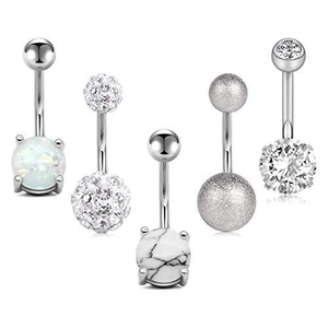 Lot de 5 piercings de nombril en acier avec opale, zircon et perles givrées en détail