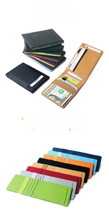 Slim PU leather card holder with elastic money clip showing 8 color options and card slots