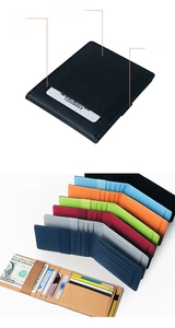 Detail of slim cross-grain leather card holder showing slots and elastic band