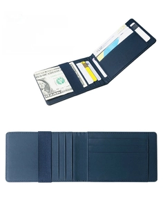 Detail view of deep blue PU leather card wallet with elastic band and card slots