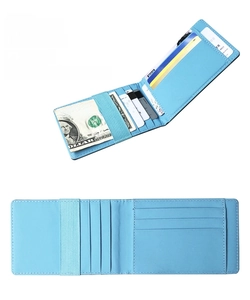 Slim light blue leather card holder with elastic cash strap and multiple slots