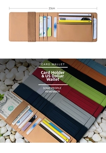 Detail view of ultra-thin PU leather wallet showing 23cm length and multi-card slots