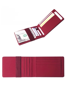 Slim red faux leather card wallet detail with elastic band and multiple card slots