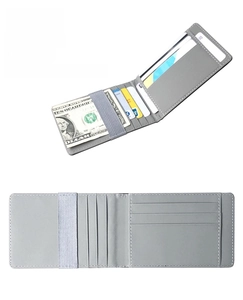 Detailed view of gray leather card wallet featuring multiple slots and elastic money band