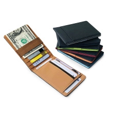 Detailed view of brown leather money clip wallet with multiple credit card slots