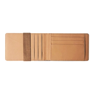 Slim minimalist leather wallet in light brown with card slots and elastic strap