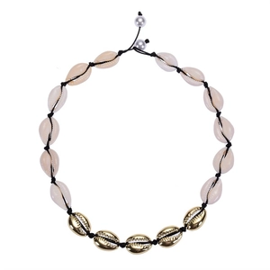 Detail of bohemian shell choker with natural white shells and gold-plated shell accents