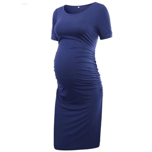 Short sleeve maternity dress in dark blue with ruched sides and crew neck design