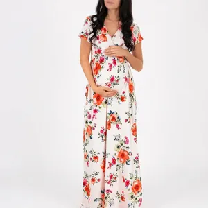 Floral Print Maternity Maxi Dress V Neck Short Sleeve High Waist Stretchy Elegant Long Pregnancy Clothes For Women