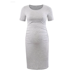 Short sleeve grey maternity dress with side ruching and classic round neck