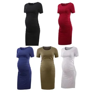 Short Sleeve Maternity Dress Ruched Side Bodycon Crew Neck Pregnancy Clothing Stretchy Casual Wear Solid Color Women Dress