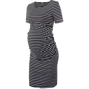 Short sleeve maternity dress with black and white horizontal stripes and crew neck
