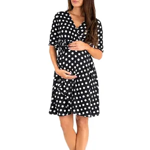 Vestido De Maternidad Cuello En V Media Manga Estampado De Lunares Floral Cintura Con Lazo Mezcla De Poliéster Y Algodón