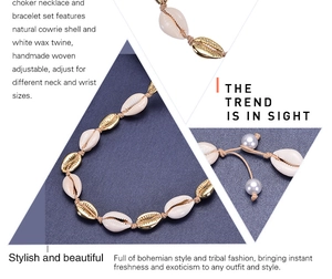 Detail view of handmade shell necklace and bracelet set with gold shells and wax twine