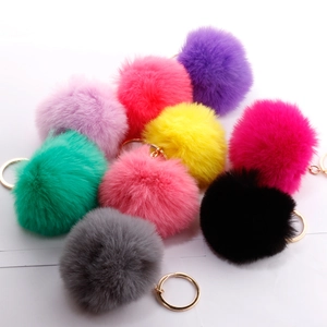 7cm faux rabbit fur pom pom keychains in vibrant colors with gold metal rings