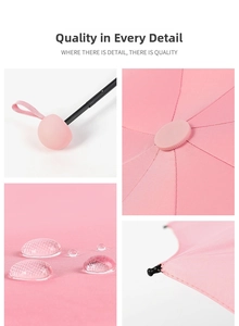Detailed views of pink folding umbrella with water-repellent fabric and ergonomic handle
