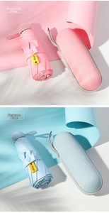 Detail of portable UPF50+ capsule umbrellas in romantic pink and quiet blue with hard cases